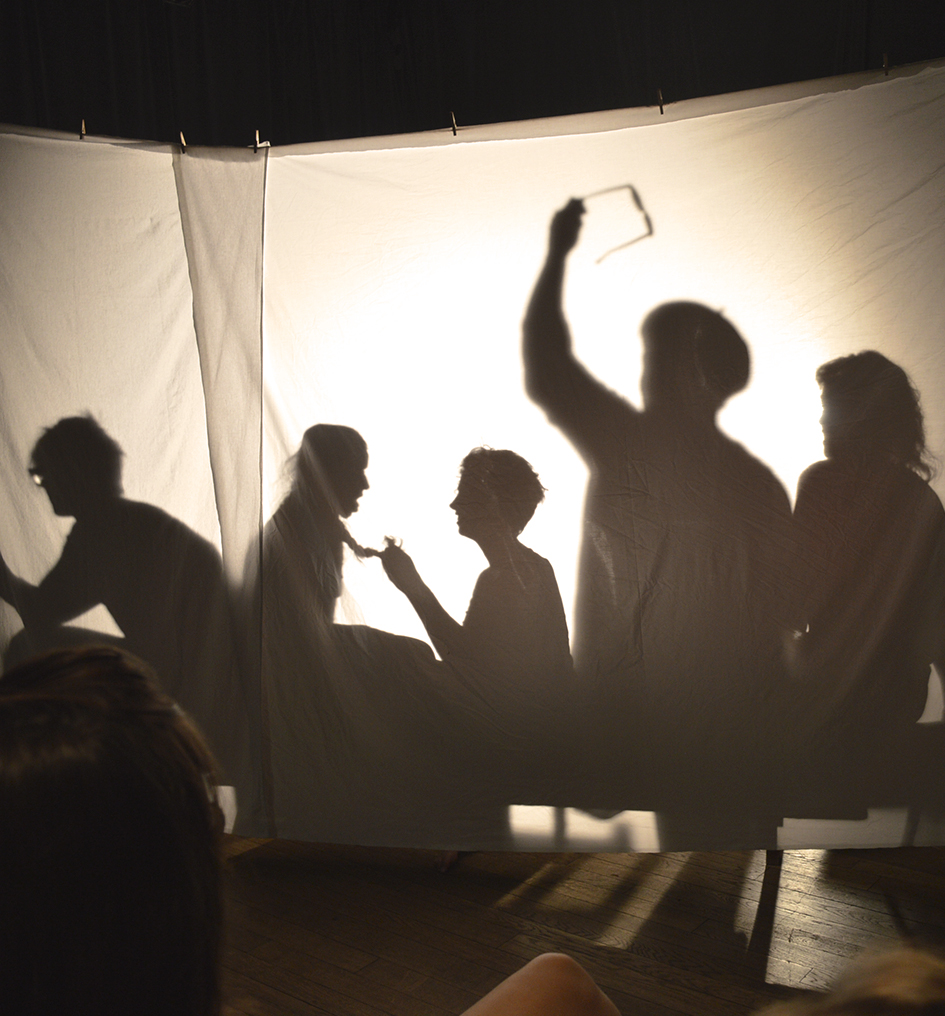 drap blanc tendu sur scène avec la projection des ombres des comédiens